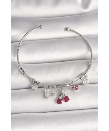 Pirinç Gümüş Renk Sallantı Kiraz Figür Kalp Detay Charm Kadın Bileklik