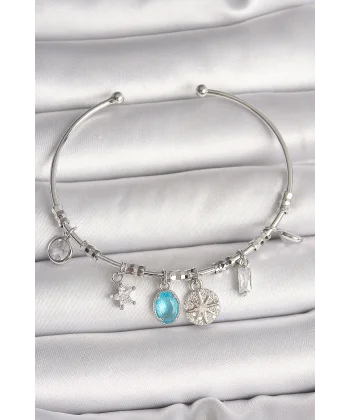 Pirinç Gümüş Renk Sallantı Pusula Figür Kalp Detay Charm Kadın Bileklik