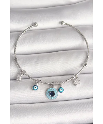 Pirinç Gümüş Renk Sallantı Zirkon Taşlı Nazar Boncuk Figür Charm Kadın Bileklik