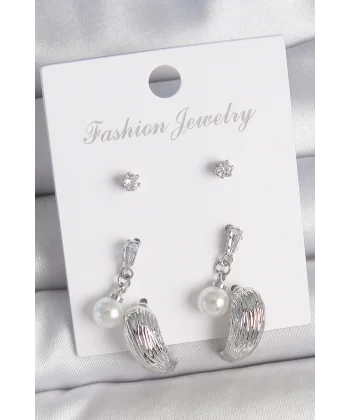 Pirinç Gümüş Renk Sallantılı Zirkon Taşlı Damla Model 3 Çift Kadın Küpe Seti