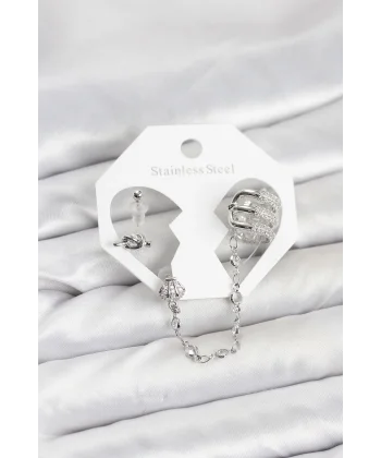 Pirinç Gümüş Renk Sarmal Model Zincir Bağlantılı Ear Cuff Küpe Seti