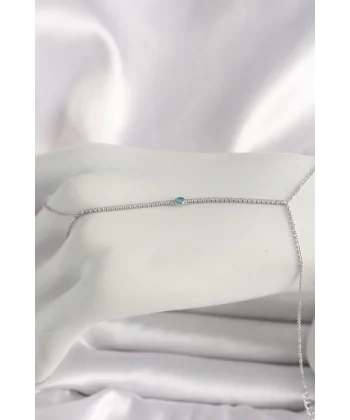 Pirinç Gümüş Renk Su Yolu Zirkon Taşlı Mavi Taş Detaylı Kadın Şahmeran