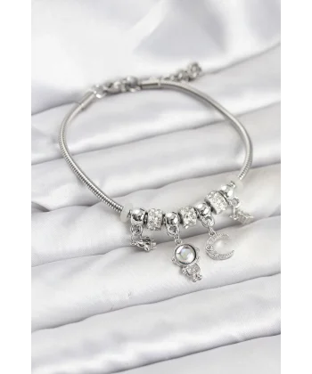 Pirinç Gümüş Renk Uzay Tema Charmlı Kadın Bileklik