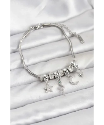 Pirinç Gümüş Renk Yılan Charmlı Kadın Bileklik