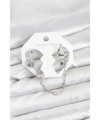 Pirinç Gümüş Renk Yılan Model Zincir Bağlantılı Ear Cuff Küpe Seti
