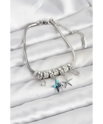 Pirinç Gümüş Renk Yıldız Model Charmlı Kadın Bileklik