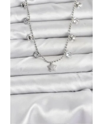 Pirinç Gümüş Renk Yıldız Model Kadın Kolye