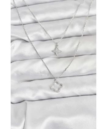 Pirinç Gümüş Renk Yonca Model 2li Kadın Kolye