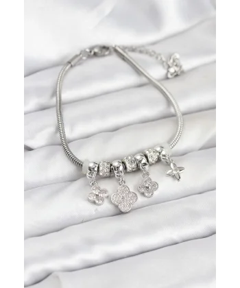 Pirinç Gümüş Renk Yonca Model Kadın Bileklik