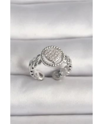 Pirinç Gümüş Renk Zincir Model Zirkon Taşlı Kalp Model Kadın Yüzük