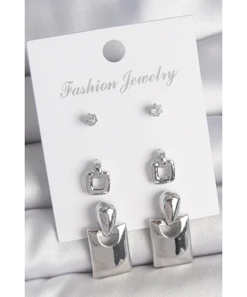 Pirinç Gümüş Renk Zirkon Taş Detay Sallantılı Kare Model 3 Çift Kadın Küpe Seti