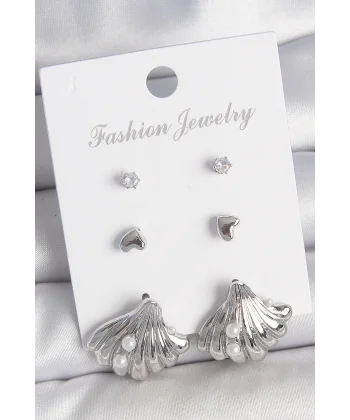 Pirinç Gümüş Renk Zirkon Taş Detaylı İnci Detaylı Deniz Kabuğu Model 3 Çift Kadın Küpe