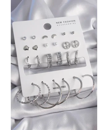 Pirinç Gümüş Renk Zirkon Taşlı 12 Çift Kadın Küpe Seti