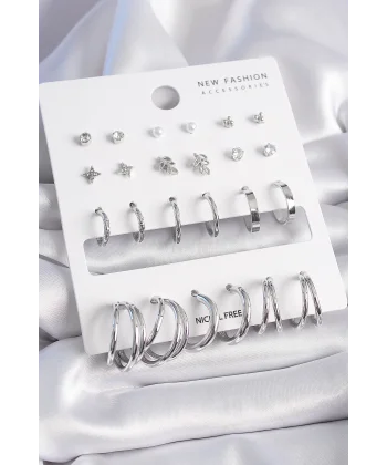 Pirinç Gümüş Renk Zirkon Taşlı 12 Çift Küpe Seti