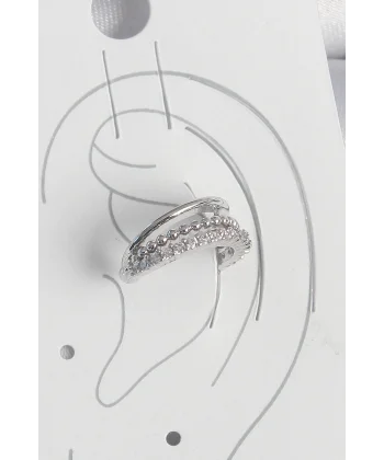 Pirinç Gümüş Renk Zirkon Taşlı 3Lü Sıralı Kadın Kıkırdak Küpe