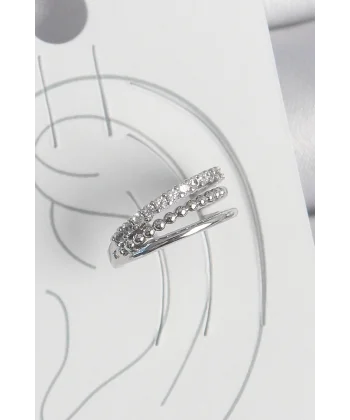 Pirinç Gümüş Renk Zirkon Taşlı 3Lü Sıralı Model Kadın Kıkırdak Küpe