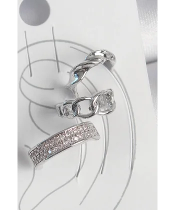 Pirinç Gümüş Renk Zirkon Taşlı 3Lü Zincir Sarmal Model Kadın Kıkırdak Küpe