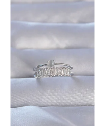 Pirinç Gümüş Renk Zirkon Taşlı Baget Su Yolu Model Ayarlanabilir Yüzük