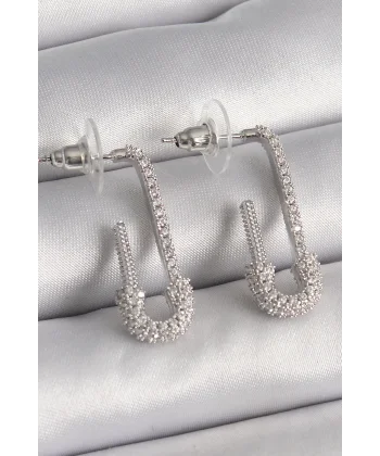 Pirinç Gümüş Renk Zirkon Taşlı Çengelli İğne Model Kadın Küpe