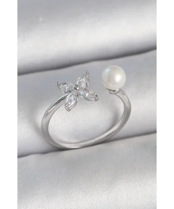 Pirinç Gümüş Renk Zirkon Taşlı Çiçek Model İnci Detay Ayarlanabilir Kadın Yüzük