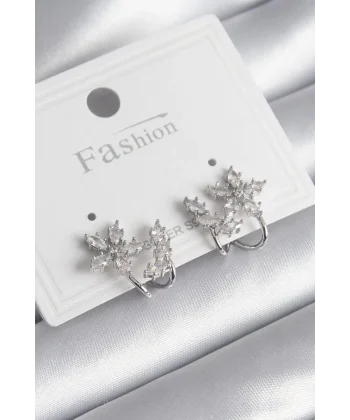 Pirinç Gümüş Renk Zirkon Taşlı Çiçek Model Kadın Küpe