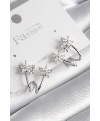Pirinç Gümüş Renk Zirkon Taşlı Çiçek Model Kadın Küpe