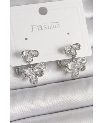 Pirinç Gümüş Renk Zirkon Taşlı Damla Model Kadın Küpe