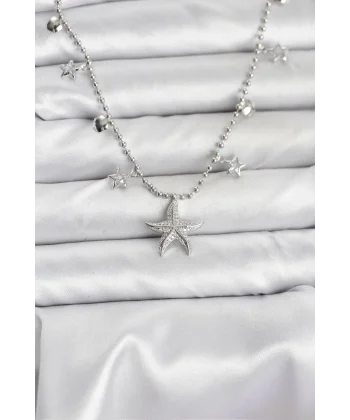 Pirinç Gümüş Renk Zirkon Taşlı Deniz Yıldızı Model Kadın Kolye