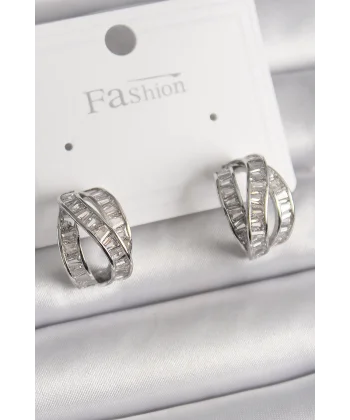 Pirinç Gümüş Renk Zirkon Taşlı Düğüm Halka Model Kadın Küpe