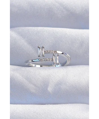 Pirinç Gümüş Renk Zirkon Taşlı Geometrik Ayarlanabilir Yüzük