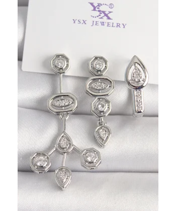 Pirinç Gümüş Renk Zirkon Taşlı Geometrik Model 3Lü Kadın Kombin Küpe