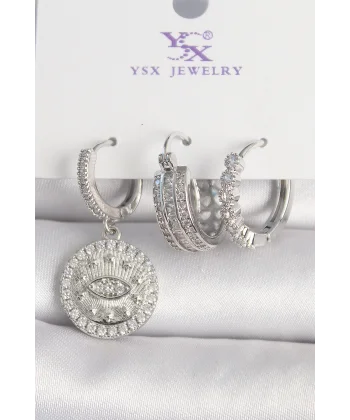 Pirinç Gümüş Renk Zirkon Taşlı Göz İşlemeli Halka Model 3Lü Kadın Kombin Küpe