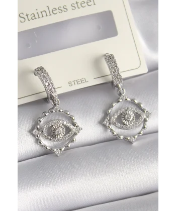 Pirinç Gümüş Renk Zirkon Taşlı Göz Model Kadın Küpe