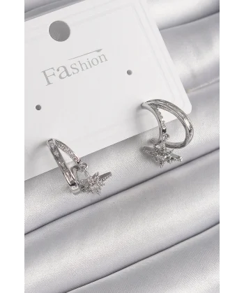 Pirinç Gümüş Renk Zirkon Taşlı Halka Model Sallantı Yıldız Detay Kadın Küpe