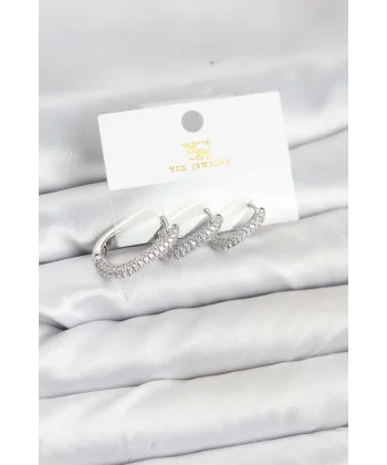 Pirinç Gümüş Renk Zirkon Taşlı Halka Model YSX Trio Küpe Seti