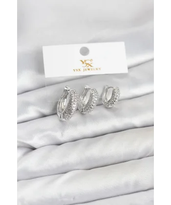 Pirinç Gümüş Renk Zirkon Taşlı Halka Model YSX Trio Küpe Seti
