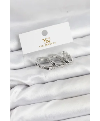 Pirinç Gümüş Renk Zirkon Taşlı Halka Yılan Model YSX Trio Küpe Seti