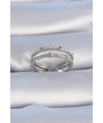 Pirinç Gümüş Renk Zirkon Taşlı İnci Detay Kadın Yüzük