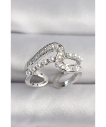 Pirinç Gümüş Renk Zirkon Taşlı İnci Detay VIP Seri Kadın Yüzük