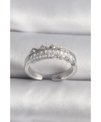 Pirinç Gümüş Renk Zirkon Taşlı İnci Detay VIP Seri Kadın Yüzük