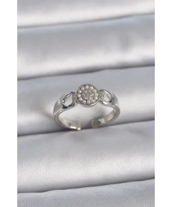 Pirinç Gümüş Renk Zirkon Taşlı İncili Kalp İşleme Detay Ayarlanabilir Model Kadın Yüzük