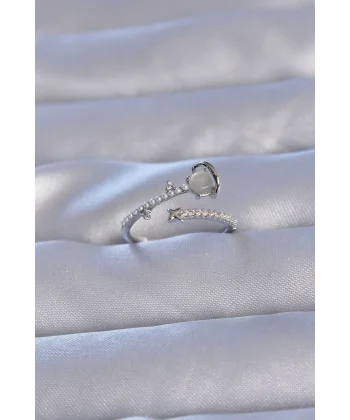 Pirinç Gümüş Renk Zirkon Taşlı İncili Satürn Model Ayarlanabilir Yüzük