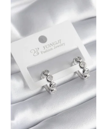 Pirinç Gümüş Renk Zirkon Taşlı Kadın Küpe