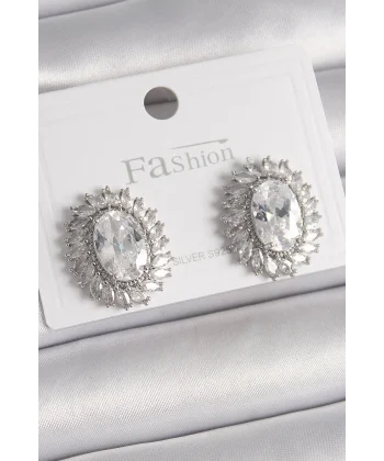 Pirinç Gümüş Renk Zirkon Taşlı Kadın Küpe