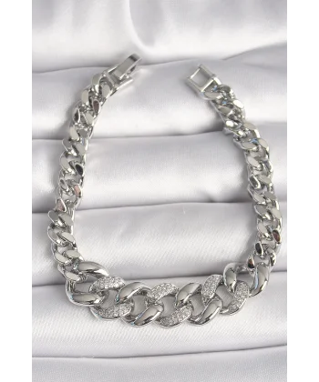 Pirinç Gümüş Renk Zirkon Taşlı Kalın Halka Model Kadın Bileklik