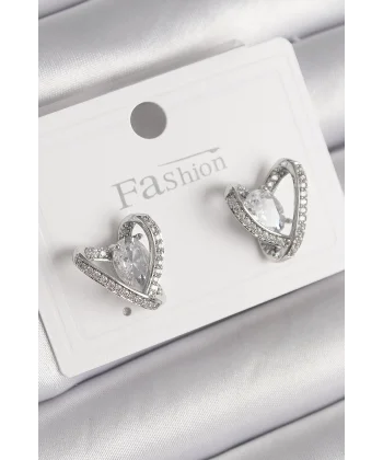 Pirinç Gümüş Renk Zirkon Taşlı Kalp Model Kadın Küpe