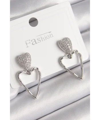 Pirinç Gümüş Renk Zirkon Taşlı Kalp Model Kadın Küpe