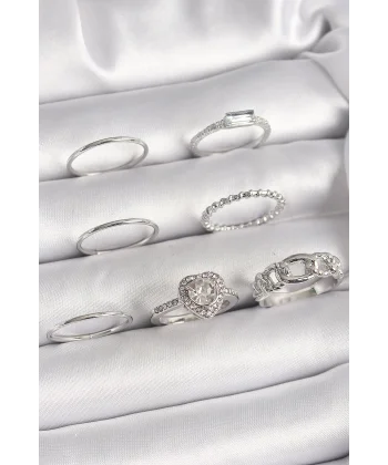 Pirinç Gümüş Renk Zirkon Taşlı Kalp Model Kadın Yüzük Kombini