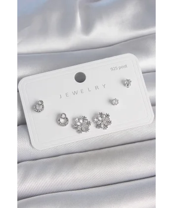 Pirinç Gümüş Renk Zirkon Taşlı Kar Tanesi Model 925 Ayar Gümüş Çivi Kadın Küpe Seti