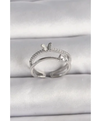 Pirinç Gümüş Renk Zirkon Taşlı Kelebek Figürlü Ayarlanabilir Yüzük